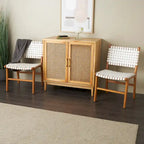 Chaises de salle à manger tressées faites à la main en cuir avec cadre en bois de teck - Lot de 2 Marron, Blanc ou Noir - Roche River Decor