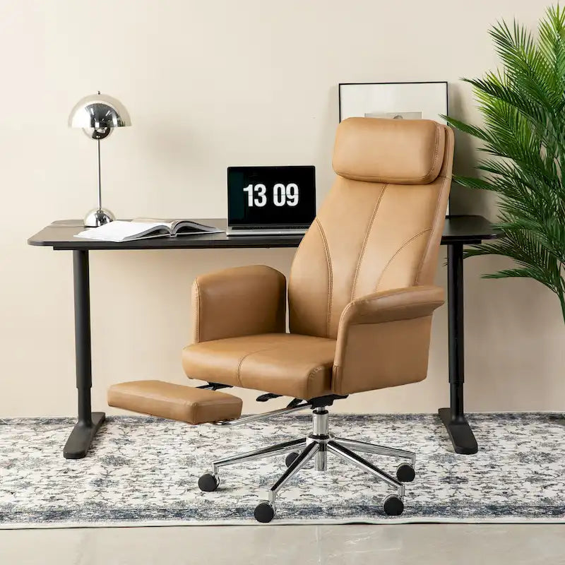 Glitzhome Fauteuil de bureau ergonomique moderne pivotant à dossier haut et réglable de 124,5 cm avec accoudoir et repose-pieds extensible