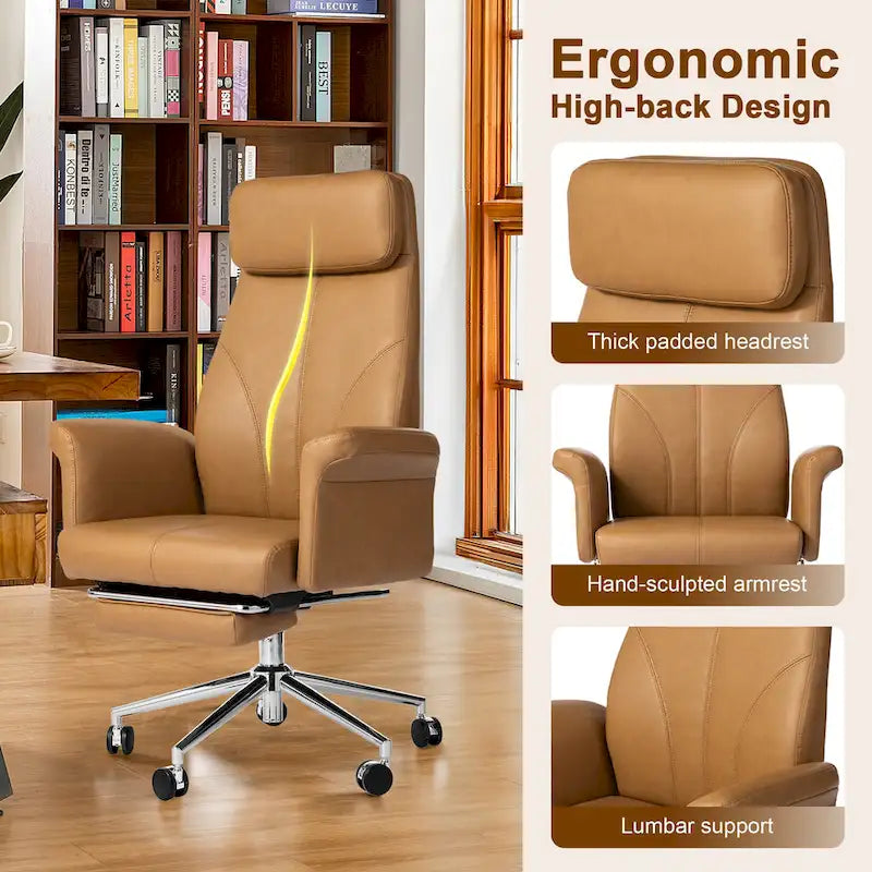 Glitzhome Fauteuil de bureau ergonomique moderne pivotant à dossier haut et réglable de 124,5 cm avec accoudoir et repose-pieds extensible