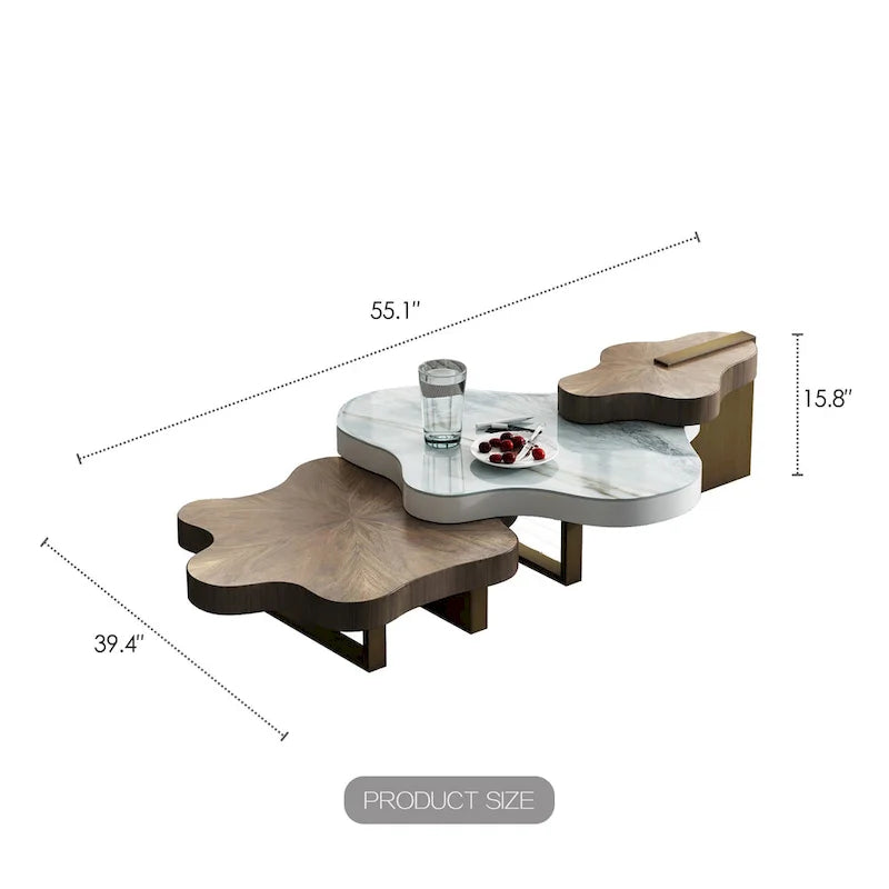 Table basse moderne élégante en bois massif en forme de nuage, lot de 3 tables gigognes