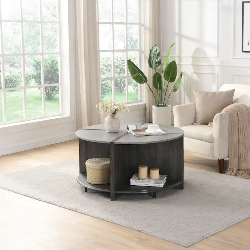 GDFStudio - Table Basse Ronde Industrielle Mason à 4 Pièces avec Rangement à 2 Niveaux