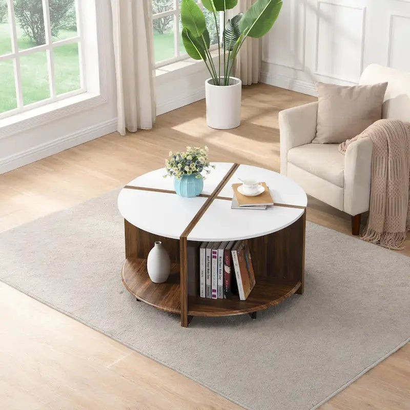 GDFStudio - Table Basse Ronde Industrielle Mason à 4 Pièces avec Rangement à 2 Niveaux