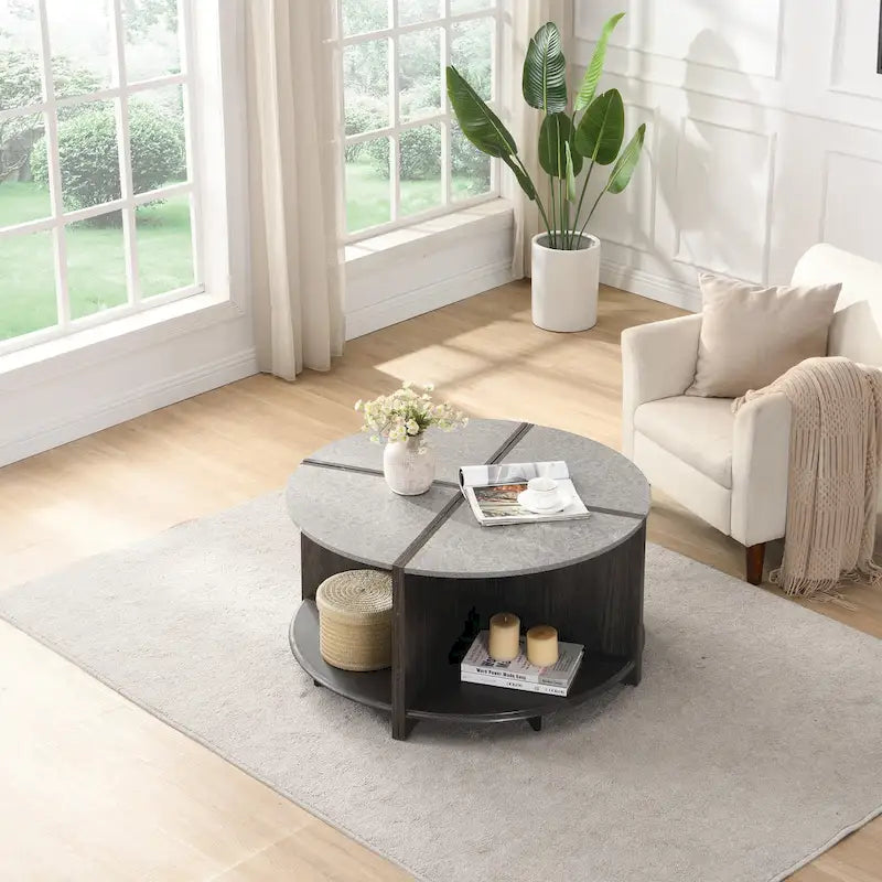 GDFStudio - Table Basse Ronde Industrielle Mason à 4 Pièces avec Rangement à 2 Niveaux