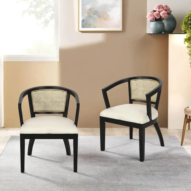 Chaises de salle à manger Christopher Knight Home en bois d'hévéa rembourrées avec dossier en cannage de cassis - Lot de 2