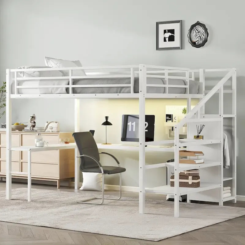 Lit mezzanine Queen Size avec bureau en L et ports USB - Lit mezzanine haut en métal avec armoire et étagères LED réglables pour adolescents