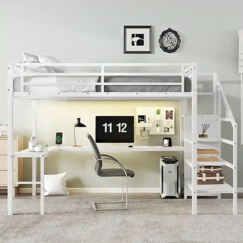 Lit mezzanine Queen Size avec bureau en L et ports USB - Lit mezzanine haut en métal avec armoire et étagères LED réglables pour adolescents