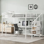 Lit mezzanine Queen Size avec bureau en L et ports USB - Lit mezzanine haut en métal avec armoire et étagères LED réglables pour adolescents