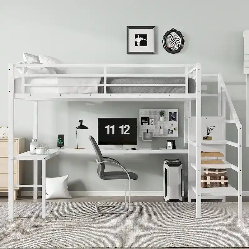 Lit mezzanine Queen Size avec bureau en L et ports USB - Lit mezzanine haut en métal avec armoire et étagères LED réglables pour adolescents