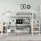 Lit mezzanine Queen Size avec bureau en L et ports USB - Lit mezzanine haut en métal avec armoire et étagères LED réglables pour adolescents