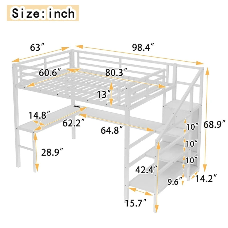 Lit mezzanine Queen Size avec bureau en L et ports USB - Lit mezzanine haut en métal avec armoire et étagères LED réglables pour adolescents