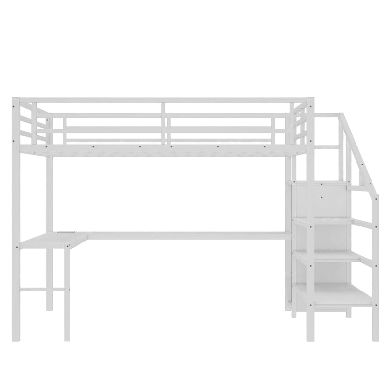 Lit mezzanine Queen Size avec bureau en L et ports USB - Lit mezzanine haut en métal avec armoire et étagères LED réglables pour adolescents
