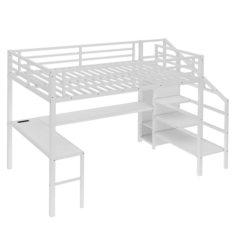 Lit mezzanine Queen Size avec bureau en L et ports USB - Lit mezzanine haut en métal avec armoire et étagères LED réglables pour adolescents