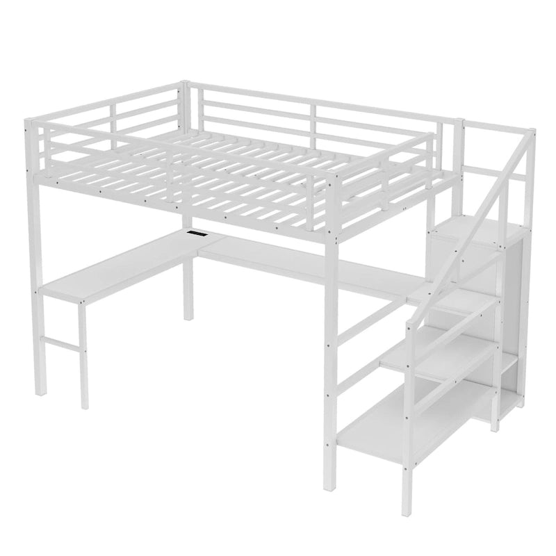 Lit mezzanine Queen Size avec bureau en L et ports USB - Lit mezzanine haut en métal avec armoire et étagères LED réglables pour adolescents