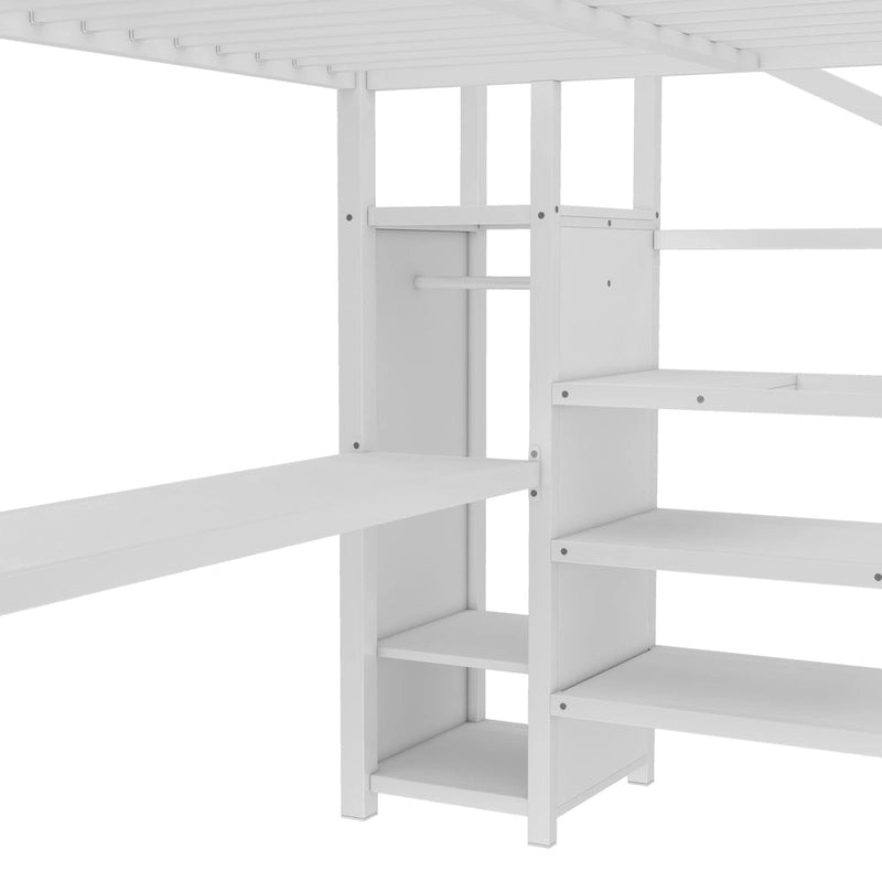 Lit mezzanine Queen Size avec bureau en L et ports USB - Lit mezzanine haut en métal avec armoire et étagères LED réglables pour adolescents