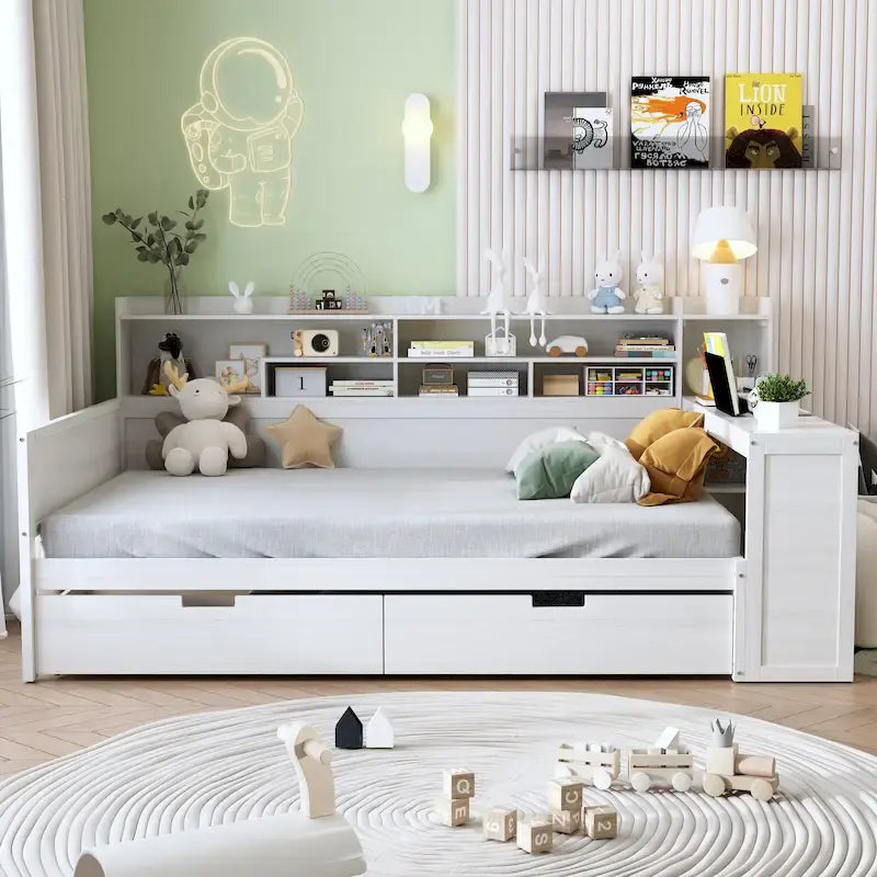 Lit de repos double en bois avec étagères de rangement, deux tiroirs et un bureau, blanc antique
