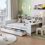 Lit de repos double en bois avec étagères de rangement, deux tiroirs et un bureau, blanc antique