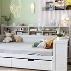 Lit de repos double en bois avec étagères de rangement, deux tiroirs et un bureau, blanc antique