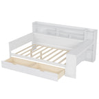 Lit de repos double en bois avec étagères de rangement, deux tiroirs et un bureau, blanc antique