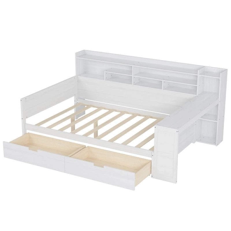 Lit de repos double en bois avec étagères de rangement, deux tiroirs et un bureau, blanc antique