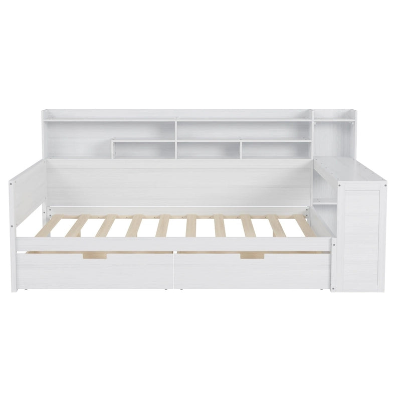 Lit de repos double en bois avec étagères de rangement, deux tiroirs et un bureau, blanc antique