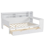 Lit de repos double en bois avec étagères de rangement, deux tiroirs et un bureau, blanc antique