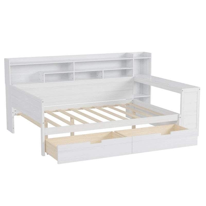 Lit de repos double en bois avec étagères de rangement, deux tiroirs et un bureau, blanc antique