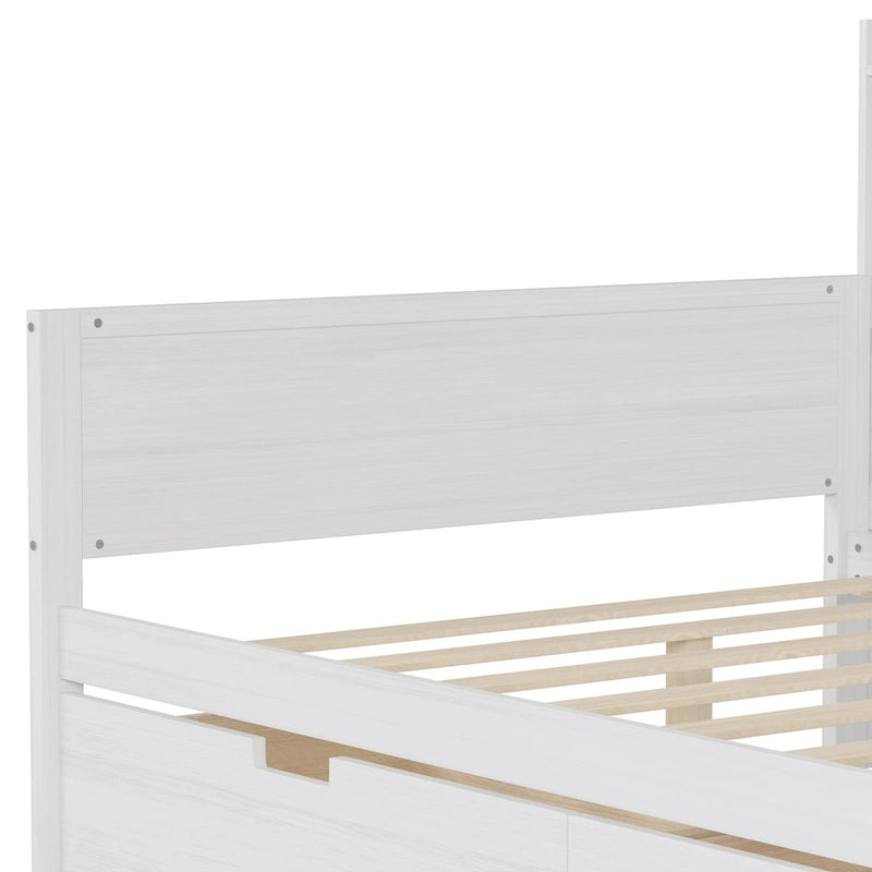 Lit de repos double en bois avec étagères de rangement, deux tiroirs et un bureau, blanc antique