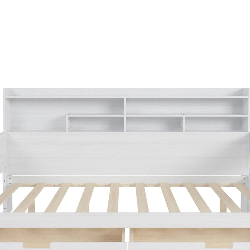 Lit de repos double en bois avec étagères de rangement, deux tiroirs et un bureau, blanc antique