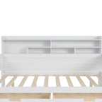Lit de repos double en bois avec étagères de rangement, deux tiroirs et un bureau, blanc antique