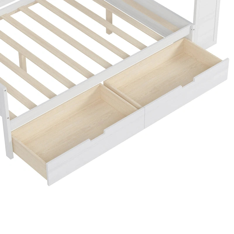 Lit de repos double en bois avec étagères de rangement, deux tiroirs et un bureau, blanc antique