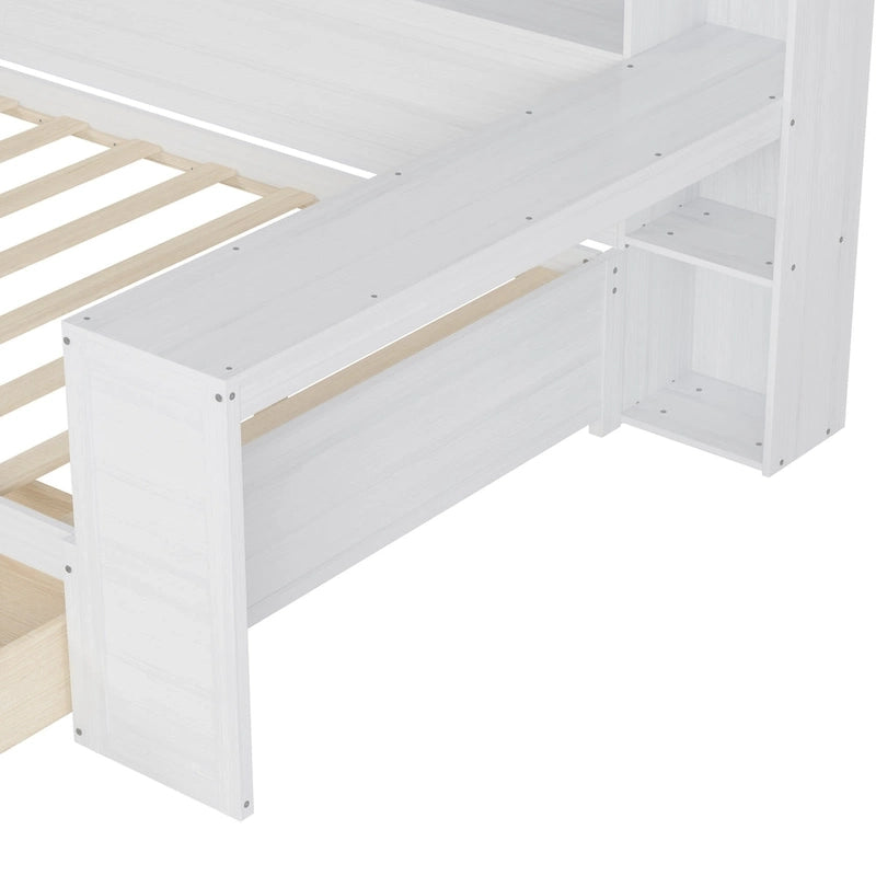 Lit de repos double en bois avec étagères de rangement, deux tiroirs et un bureau, blanc antique