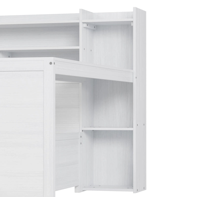 Lit de repos double en bois avec étagères de rangement, deux tiroirs et un bureau, blanc antique