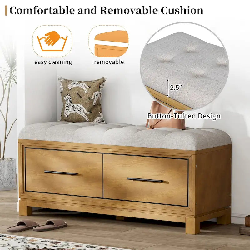 Banc à chaussures 43" avec coussin amovible et rangement à couvercle relevable, banc d'entrée en bois pour bout de lit, espace de rangement caché