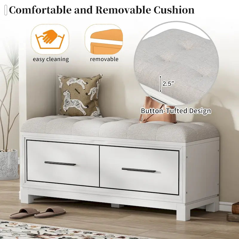 Banc à chaussures 43" avec coussin amovible et rangement à couvercle relevable, banc d'entrée en bois pour bout de lit, espace de rangement caché