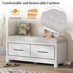 Banc à chaussures 43" avec coussin amovible et rangement à couvercle relevable, banc d'entrée en bois pour bout de lit, espace de rangement caché
