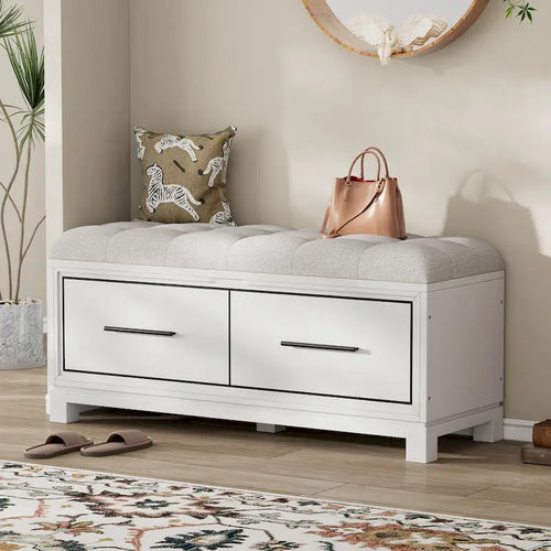 Banc à chaussures 43" avec coussin amovible et rangement à couvercle relevable, banc d'entrée en bois pour bout de lit, espace de rangement caché