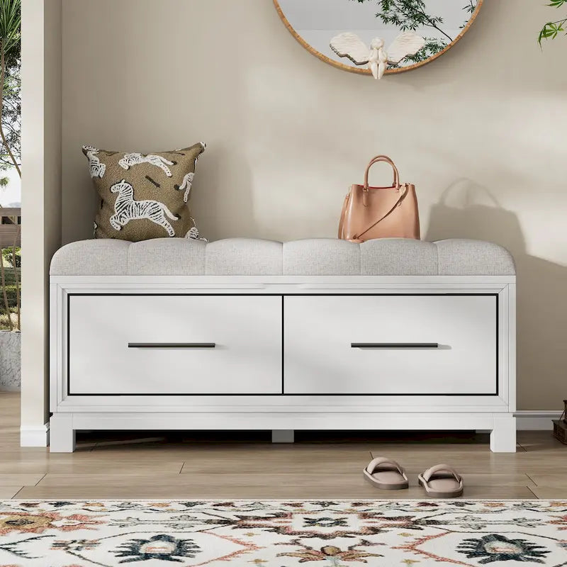 Banc à chaussures 43" avec coussin amovible et rangement à couvercle relevable, banc d'entrée en bois pour bout de lit, espace de rangement caché