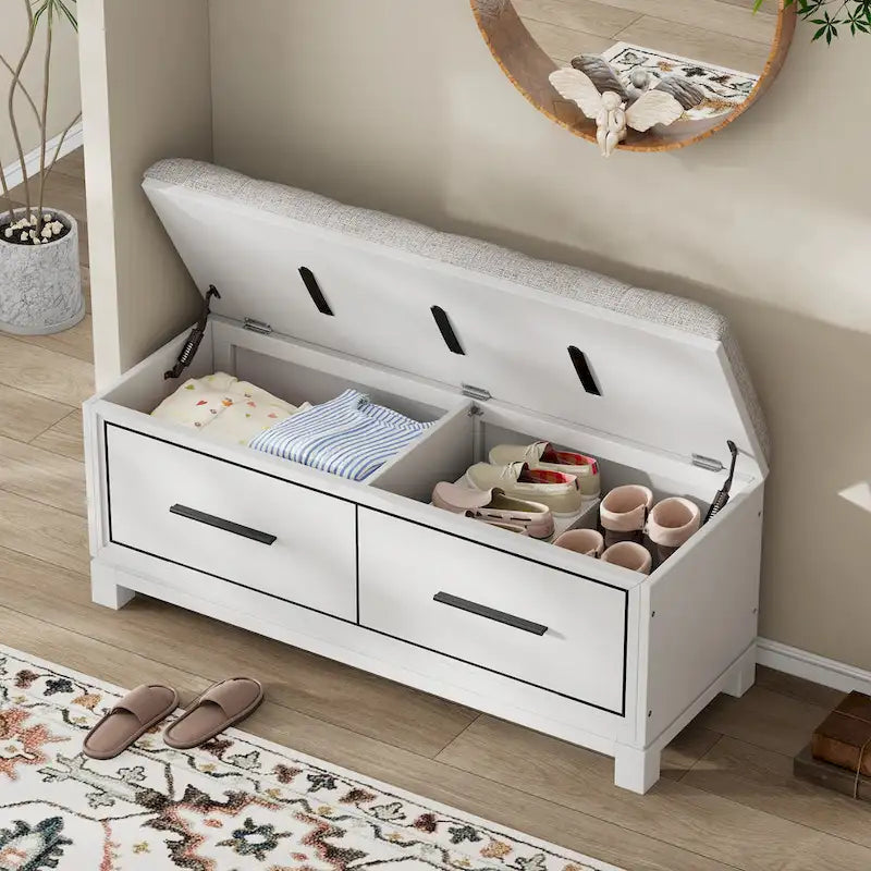 Banc à chaussures 43" avec coussin amovible et rangement à couvercle relevable, banc d'entrée en bois pour bout de lit, espace de rangement caché