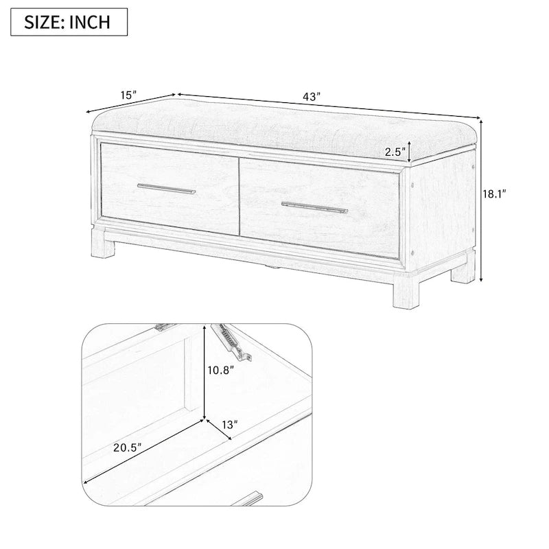 Banc à chaussures 43" avec coussin amovible et rangement à couvercle relevable, banc d'entrée en bois pour bout de lit, espace de rangement caché