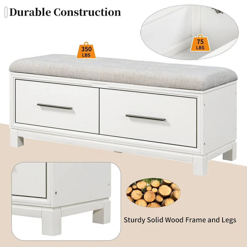 Banc à chaussures 43" avec coussin amovible et rangement à couvercle relevable, banc d'entrée en bois pour bout de lit, espace de rangement caché