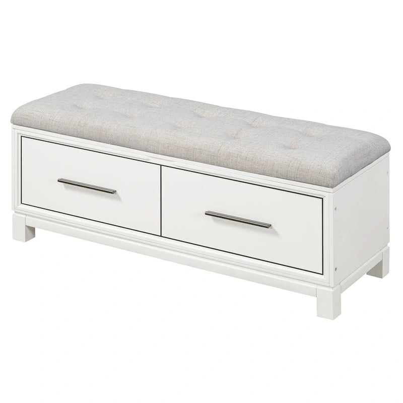 Banc à chaussures 43" avec coussin amovible et rangement à couvercle relevable, banc d'entrée en bois pour bout de lit, espace de rangement caché