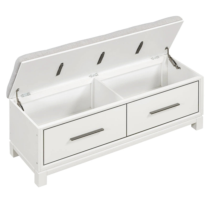 Banc à chaussures 43" avec coussin amovible et rangement à couvercle relevable, banc d'entrée en bois pour bout de lit, espace de rangement caché