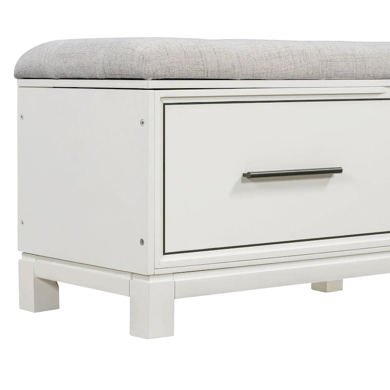 Banc à chaussures 43" avec coussin amovible et rangement à couvercle relevable, banc d'entrée en bois pour bout de lit, espace de rangement caché