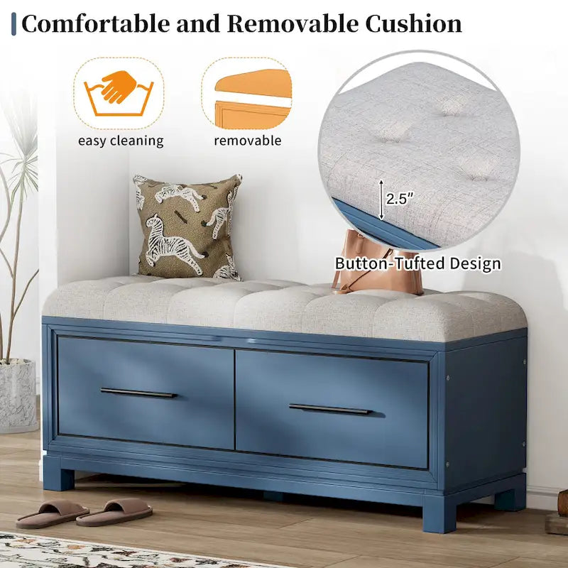 Banc à chaussures 43" avec coussin amovible et rangement à couvercle relevable, banc d'entrée en bois pour bout de lit, espace de rangement caché