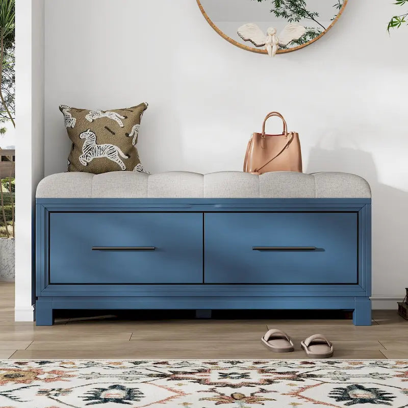Banc à chaussures 43" avec coussin amovible et rangement à couvercle relevable, banc d'entrée en bois pour bout de lit, espace de rangement caché