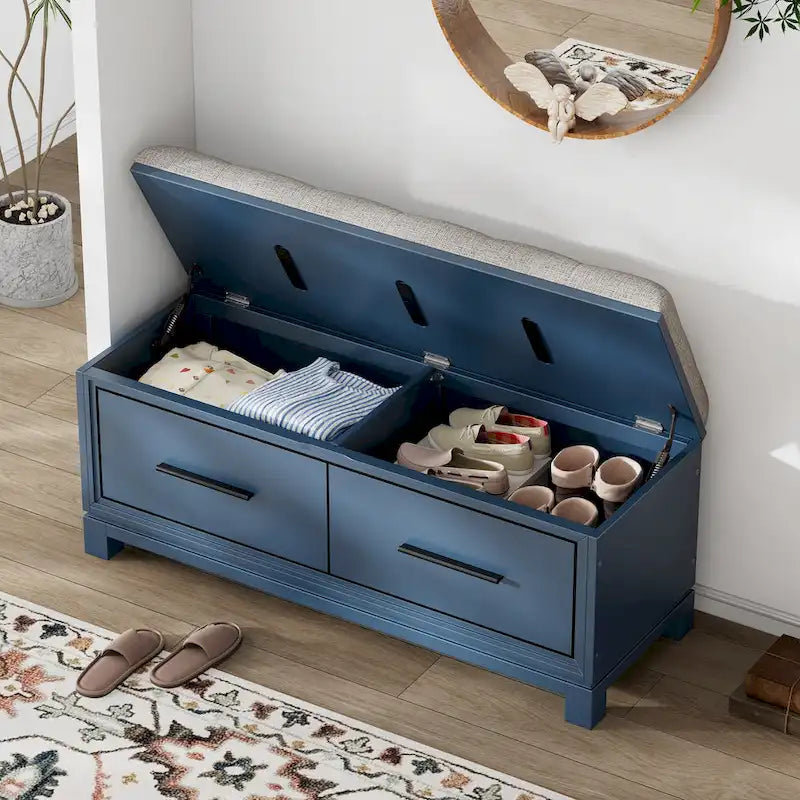 Banc à chaussures 43" avec coussin amovible et rangement à couvercle relevable, banc d'entrée en bois pour bout de lit, espace de rangement caché