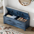 Banc à chaussures 43" avec coussin amovible et rangement à couvercle relevable, banc d'entrée en bois pour bout de lit, espace de rangement caché