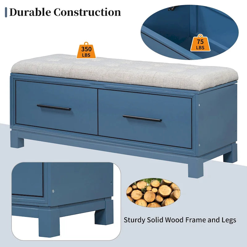 Banc à chaussures 43" avec coussin amovible et rangement à couvercle relevable, banc d'entrée en bois pour bout de lit, espace de rangement caché