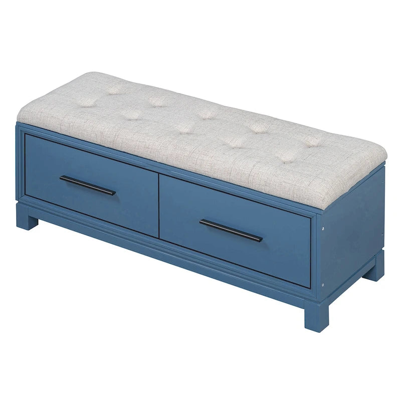 Banc à chaussures 43" avec coussin amovible et rangement à couvercle relevable, banc d'entrée en bois pour bout de lit, espace de rangement caché