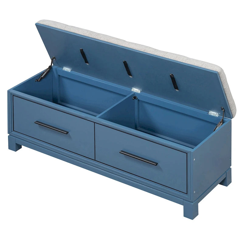 Banc à chaussures 43" avec coussin amovible et rangement à couvercle relevable, banc d'entrée en bois pour bout de lit, espace de rangement caché